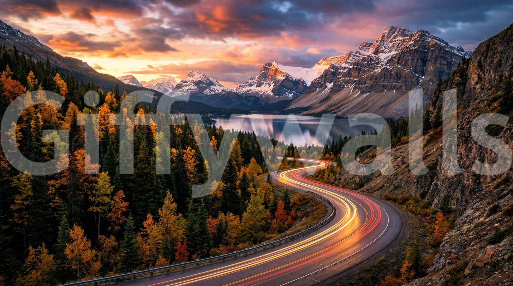Alpine landscape wall mural with lake and sunset sky