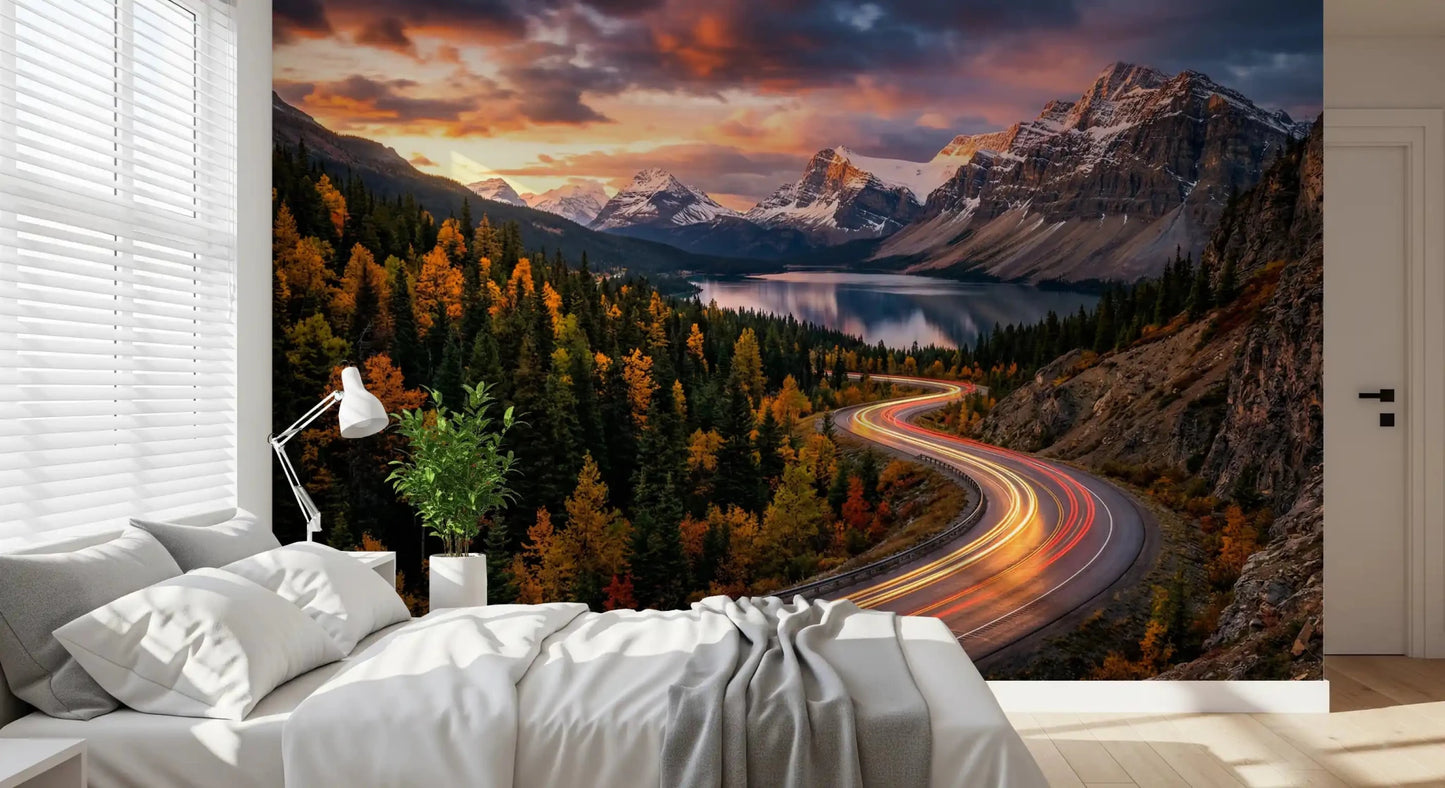 Mountain road wall mural with sunset sky and forest