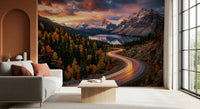Autumn forest wall mural with mountain and sunset road view