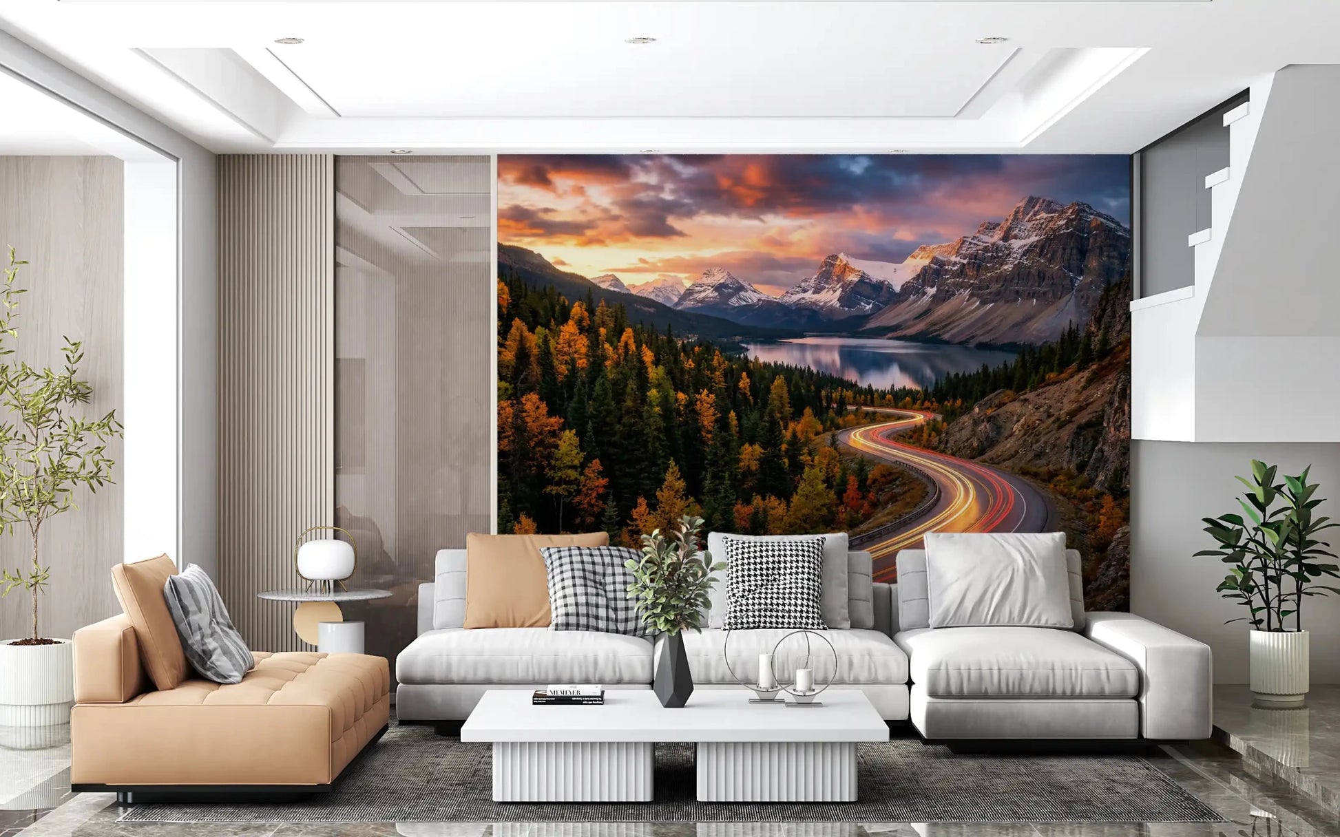 Living room alpine sunset wall mural with mountain road view