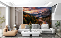 Living room alpine sunset wall mural with mountain road view