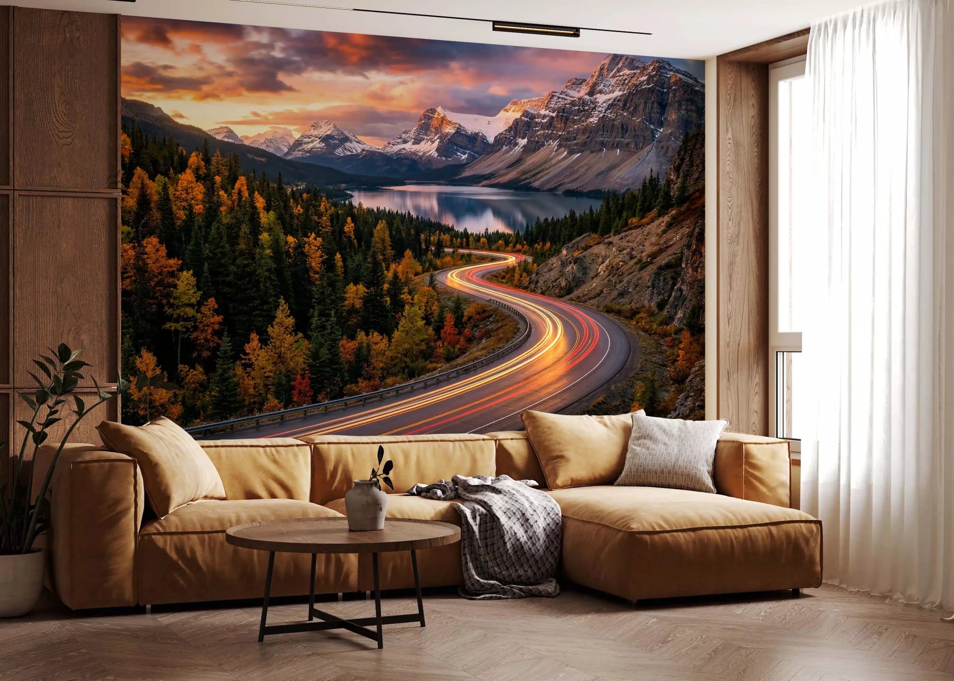 Nature wall mural with alpine road and glowing sunset