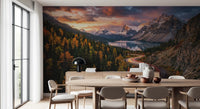 Dining room sunset mountain wall mural with light trails