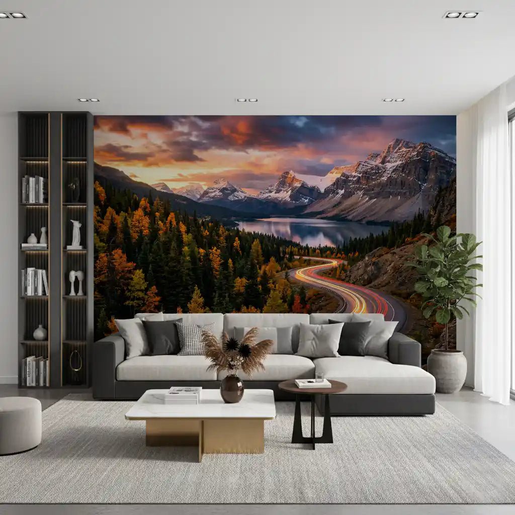Hallway alpine road wall mural with forest and lake view