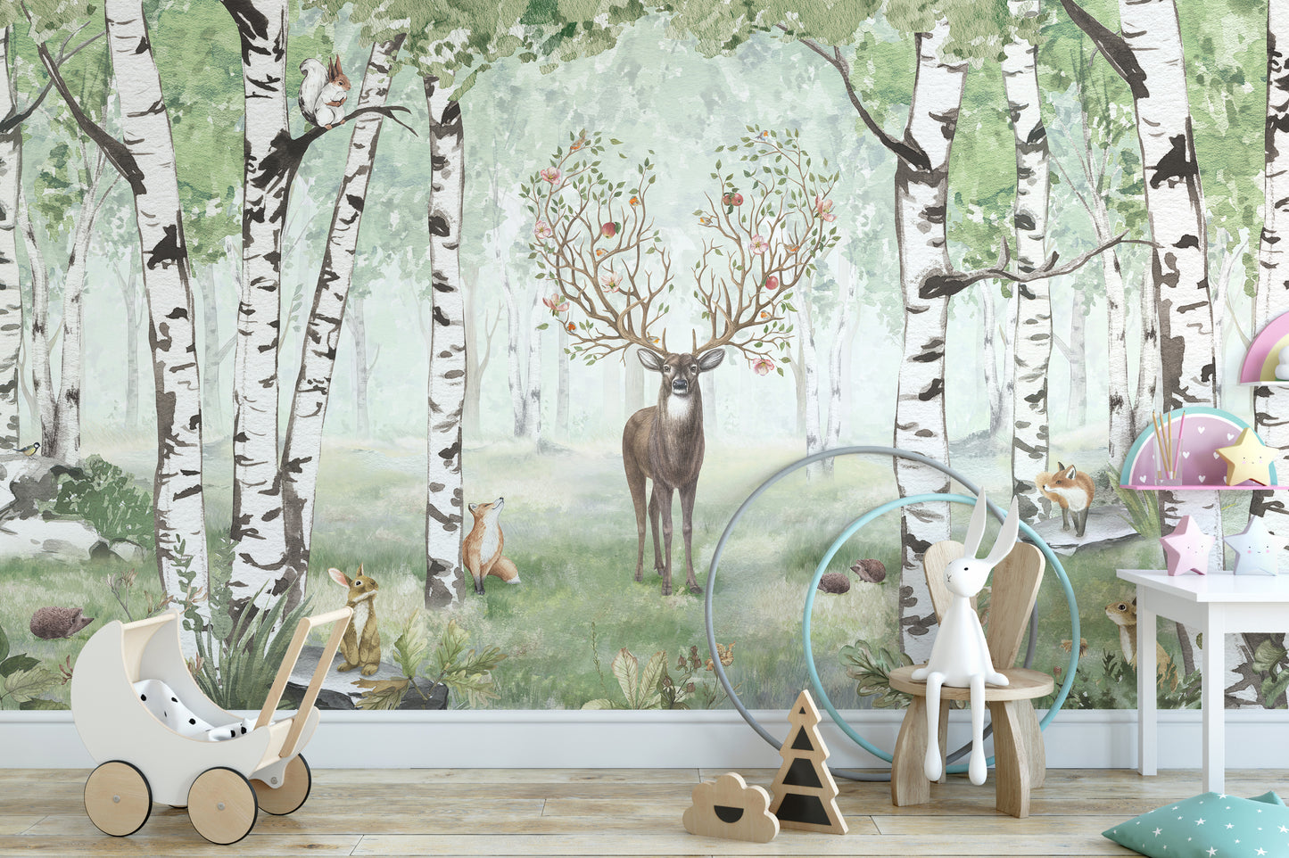 Amazing Antlers Summer wallpaper of a floral-antlered deer in a birch forest in a nursery with a toy pram