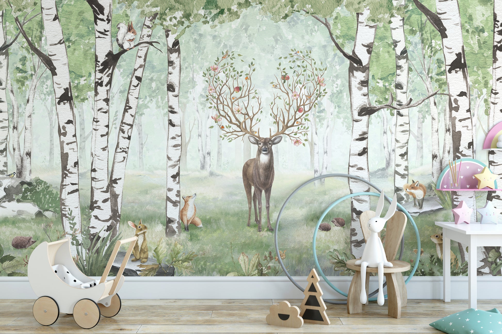 Amazing Antlers Summer wallpaper of a floral-antlered deer in a birch forest in a nursery with a toy pram