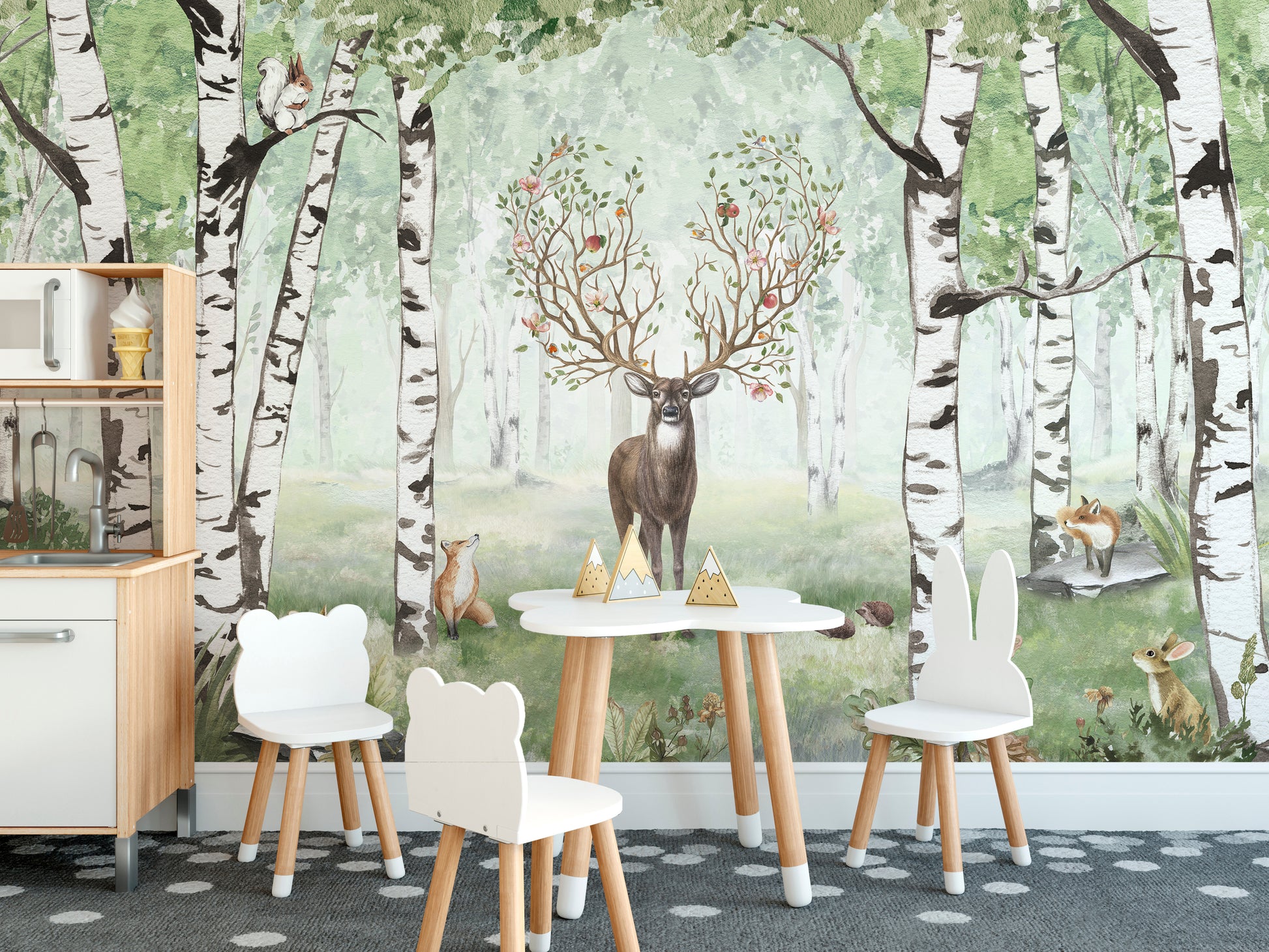 Amazing Antlers Summer wallpaper with deer and foxes in a kids playroom with bear chairs and cloud table