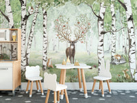 Amazing Antlers Summer wallpaper with deer and foxes in a kids playroom with bear chairs and cloud table