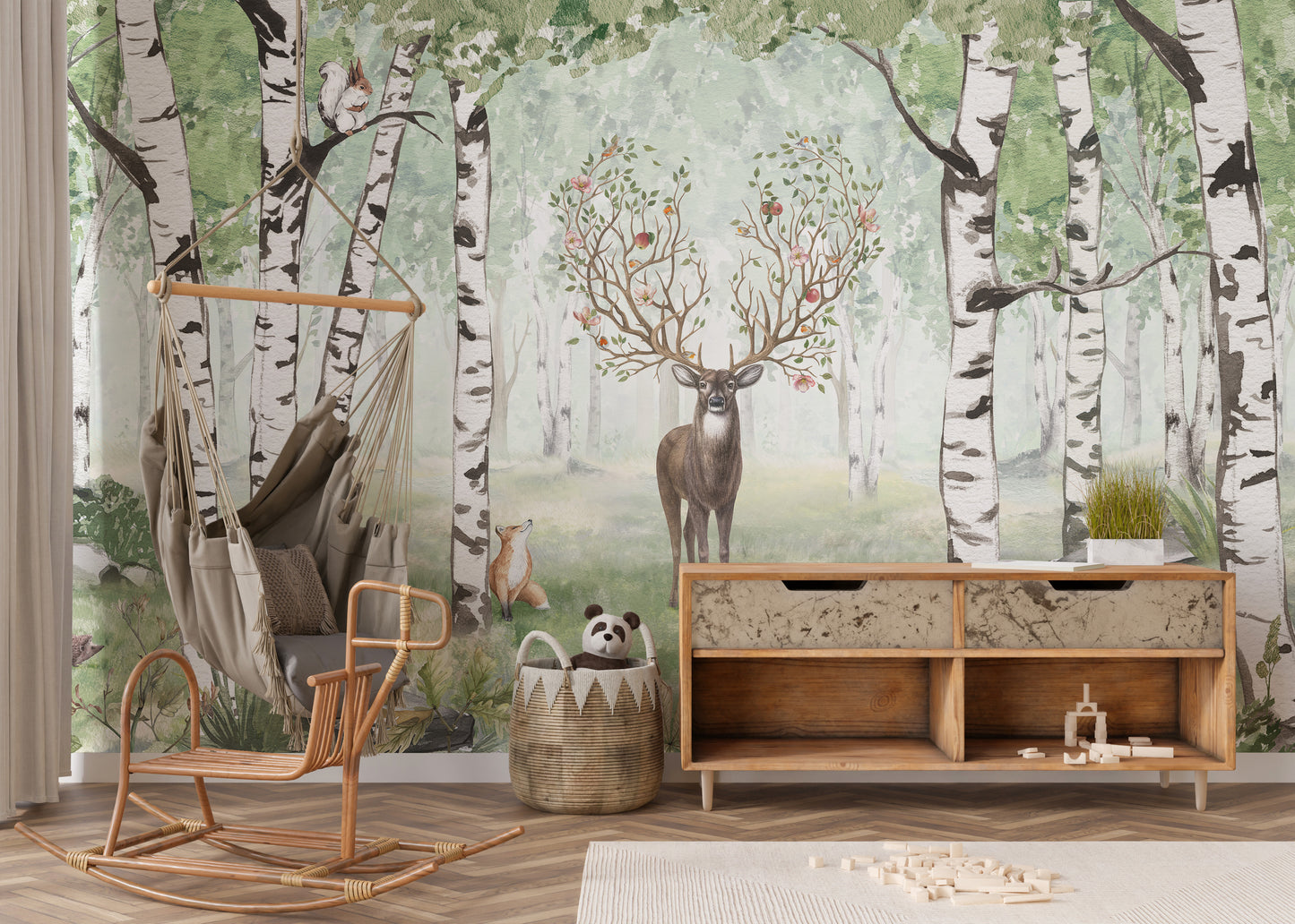 Amazing Antlers Summer wallpaper birch woodland scene behind a rattan hammock chair and wooden console