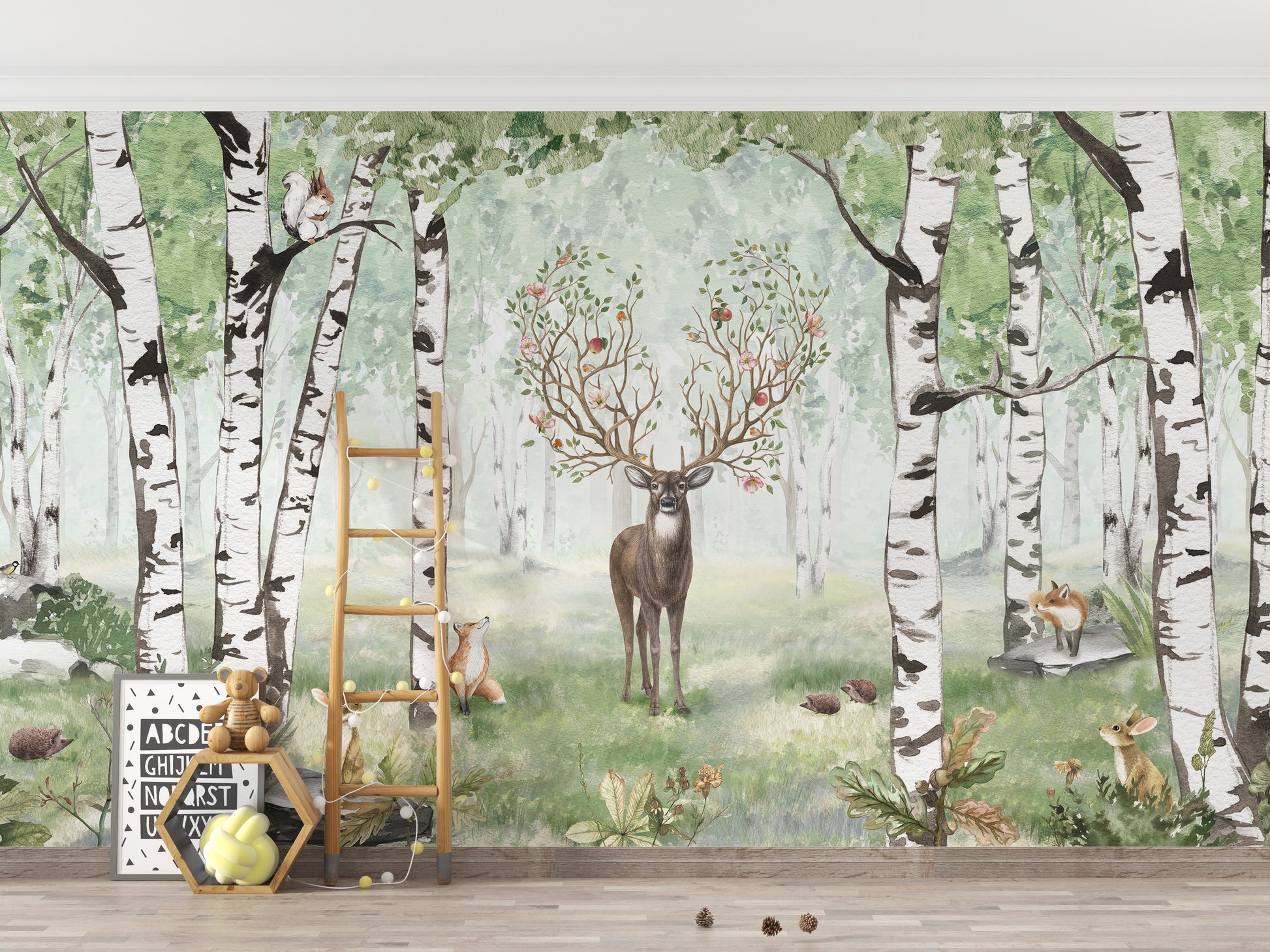Amazing Antlers Summer wallpaper with a deer and birch trees behind a ladder shelf and teddy bear