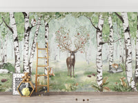 Amazing Antlers Summer wallpaper with a deer and birch trees behind a ladder shelf and teddy bear