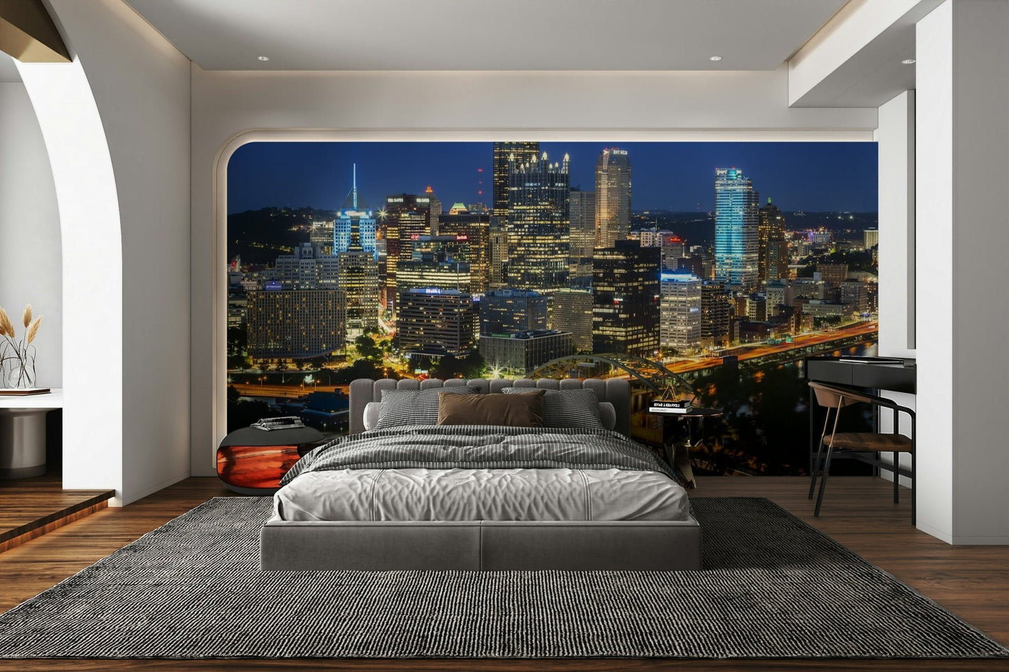 Iconic city skyline with evening lights

