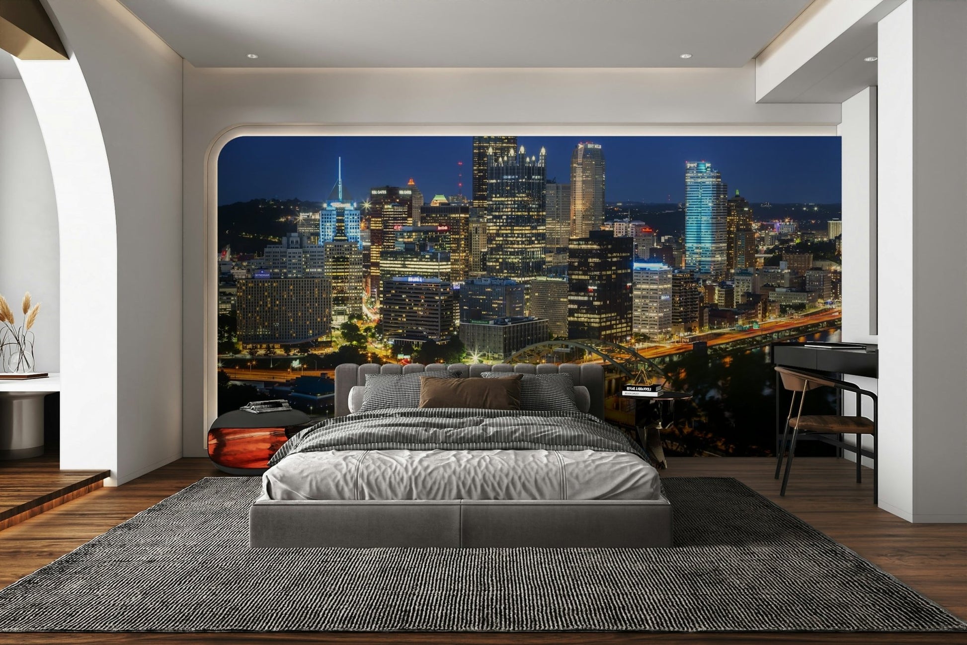 Iconic city skyline with evening lights

