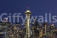Home office wall covered in serene blue Seattle mural

