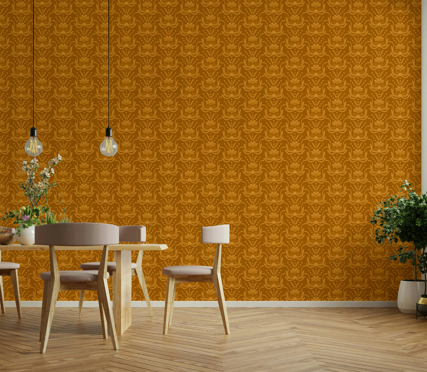 Amber Hues wallpaper in warm mustard behind a wood dining table with Edison bulb pendant lights