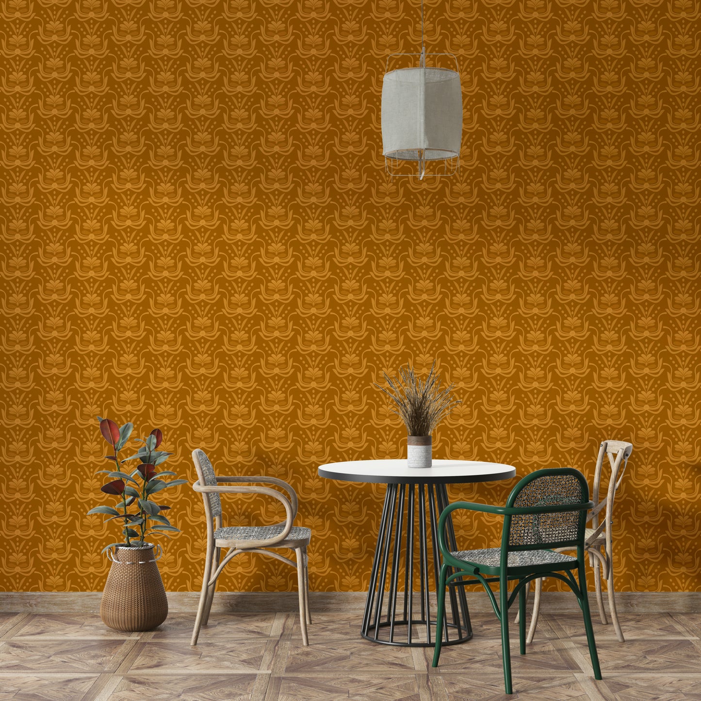 Amber Hues wallpaper in ochre damask behind a round dining table with woven chairs and a pendant light