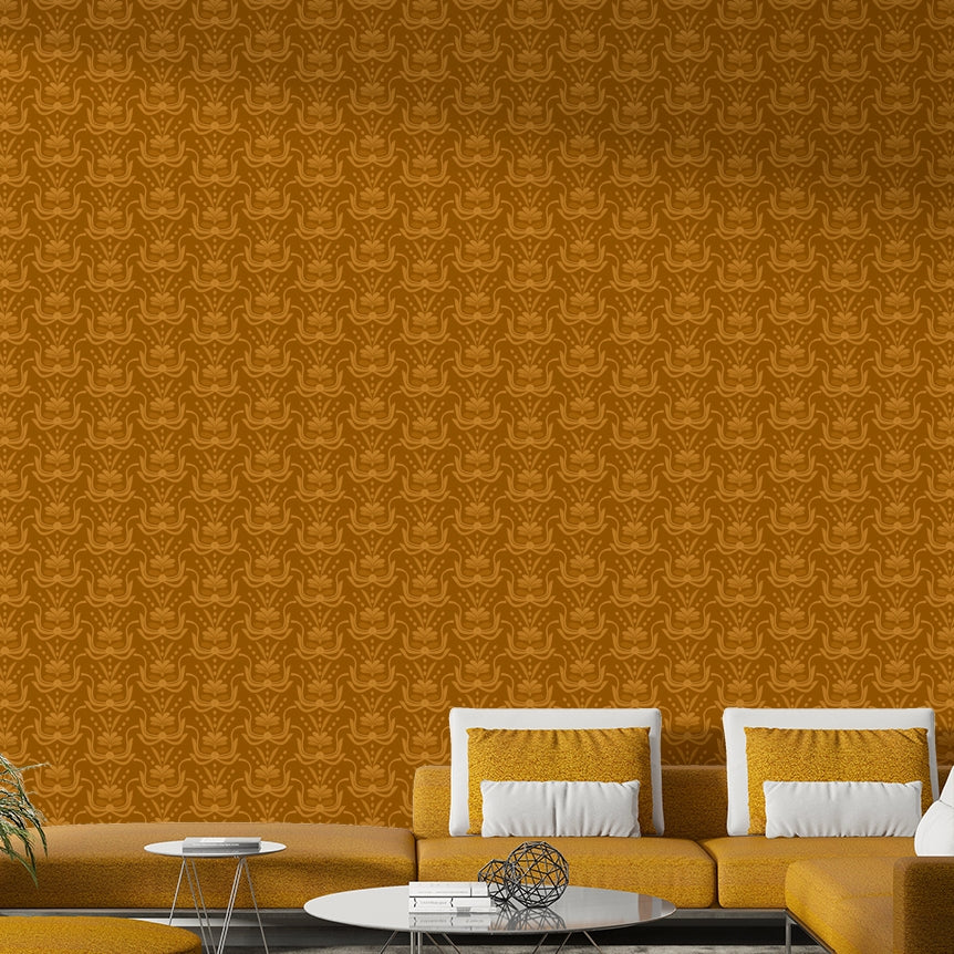 Amber Hues wallpaper in golden mustard above an ochre sofa with white and yellow cushions in a living room