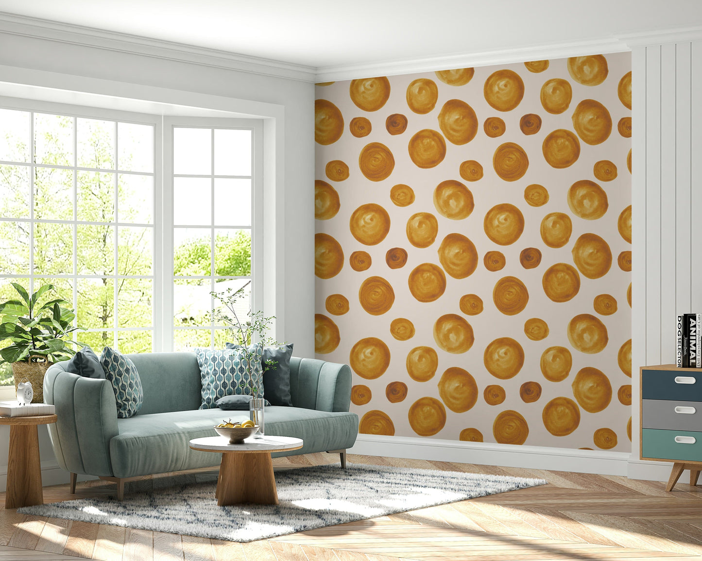 Abstract amber circle motif creating a cozy, radiant wall design.