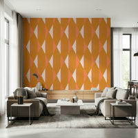 Warm amber wall mural brightens modern living room
