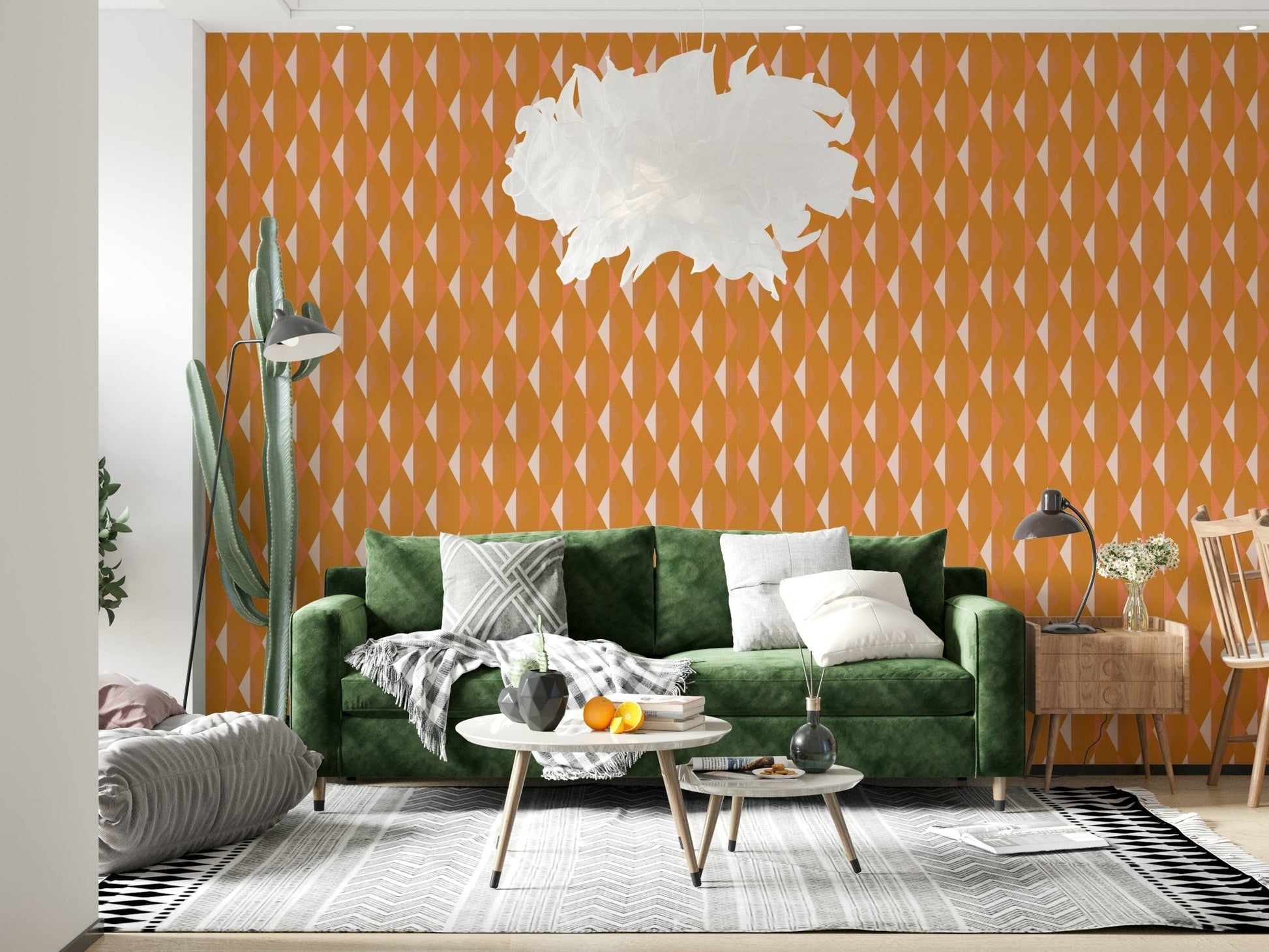 Abstract diamond grid wall mural in soft sunset tones.