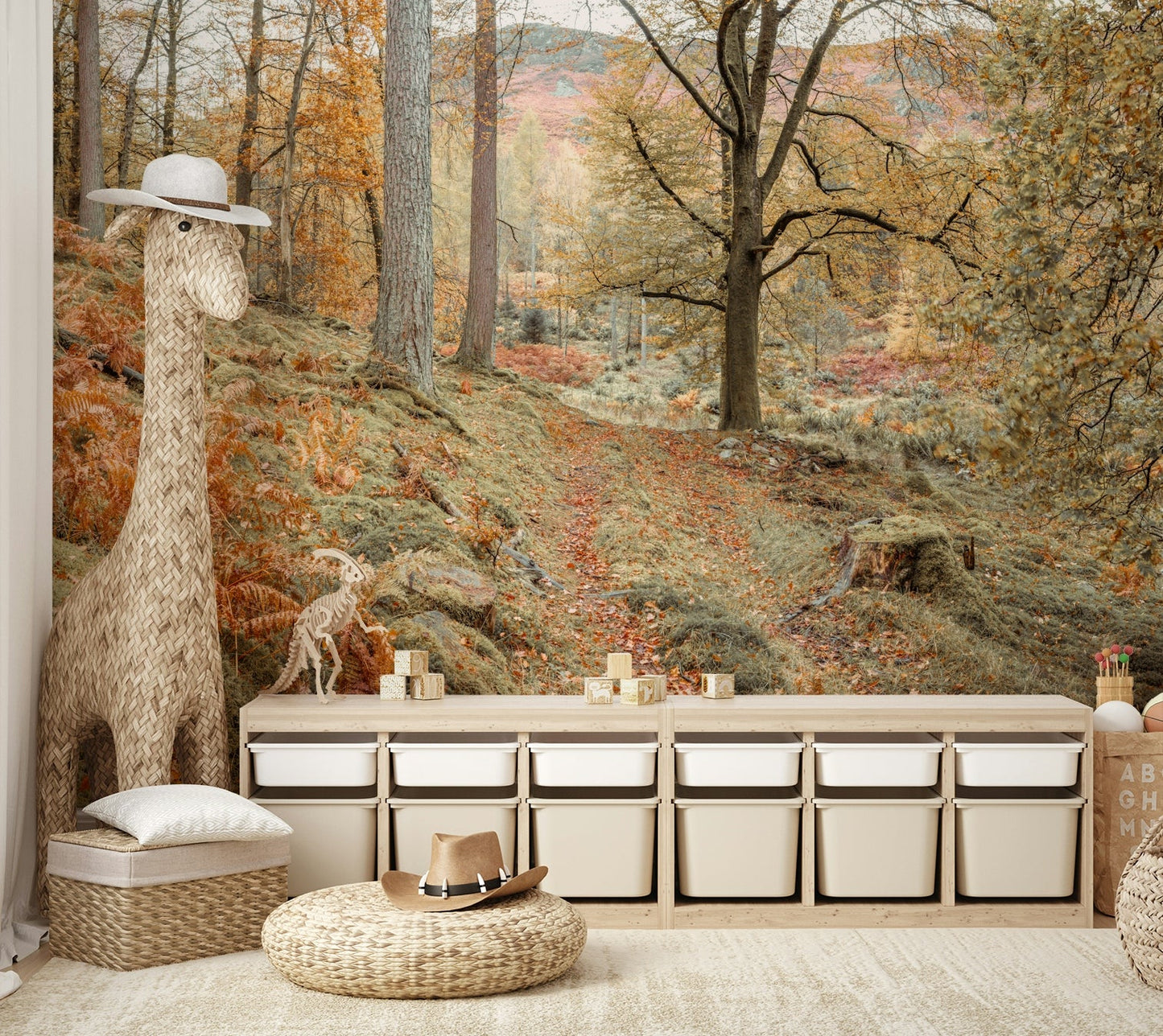 The ground is covered with leaves or foliage.

