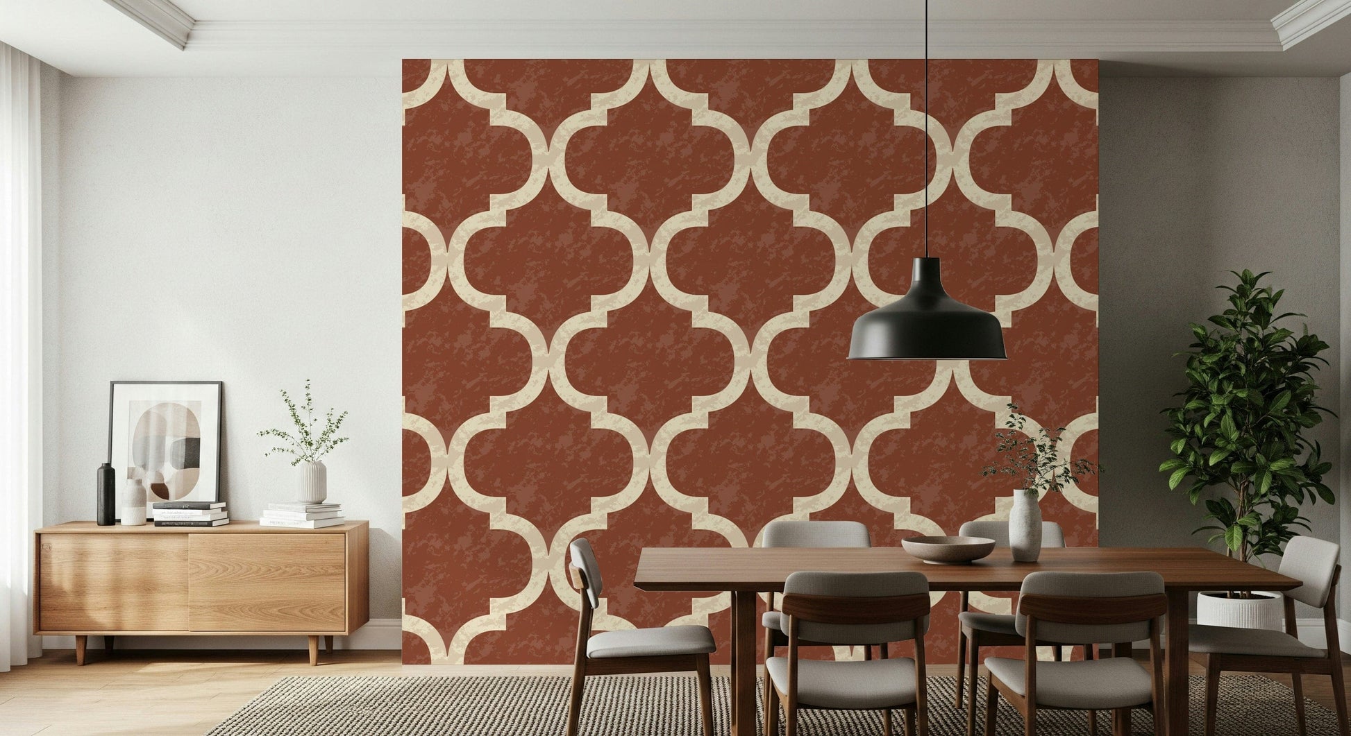 Moroccan-inspired ogee print wallpaper in warm terracotta