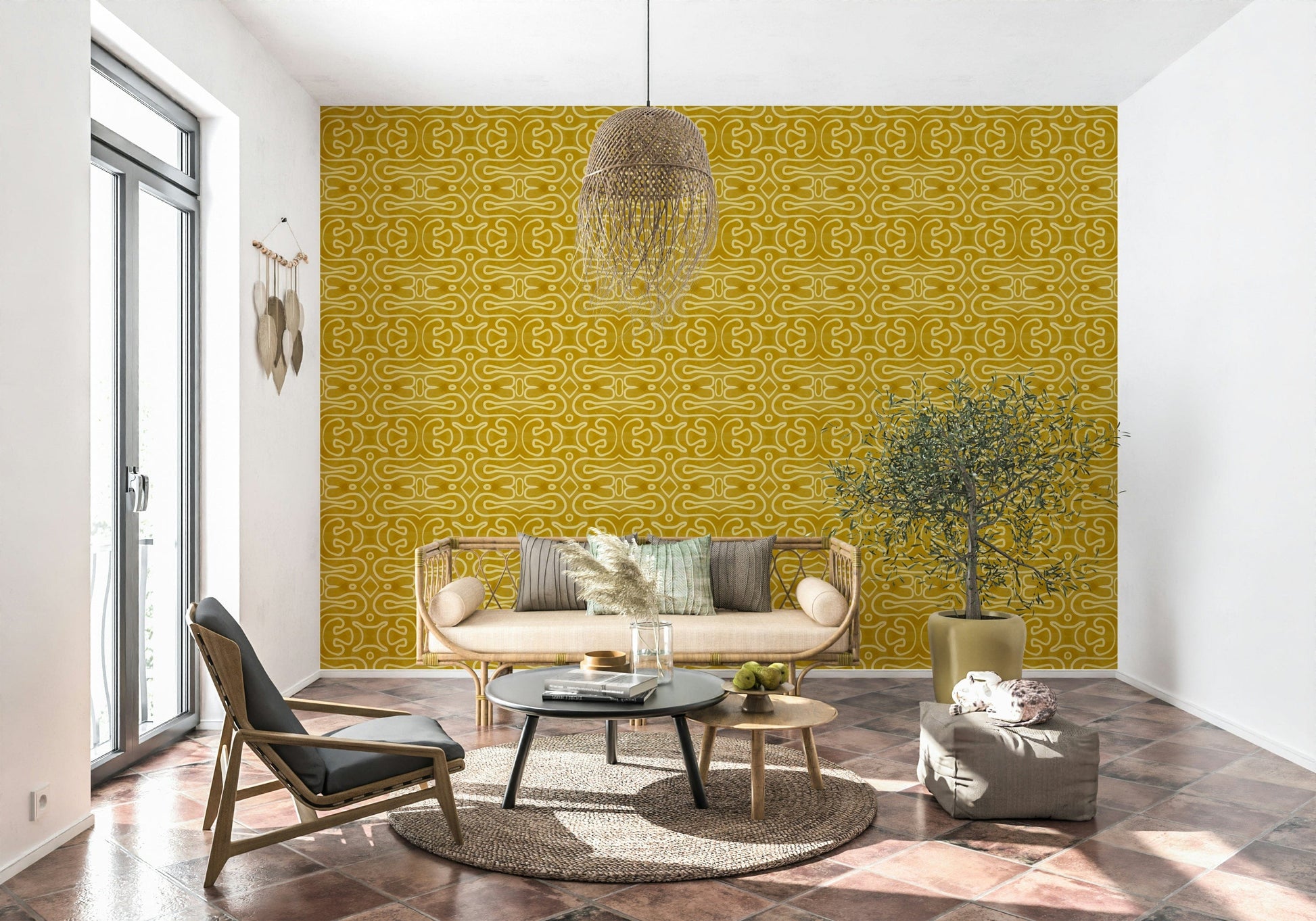 Earthy ochre curved lines Amber Trails wallpaper mural.