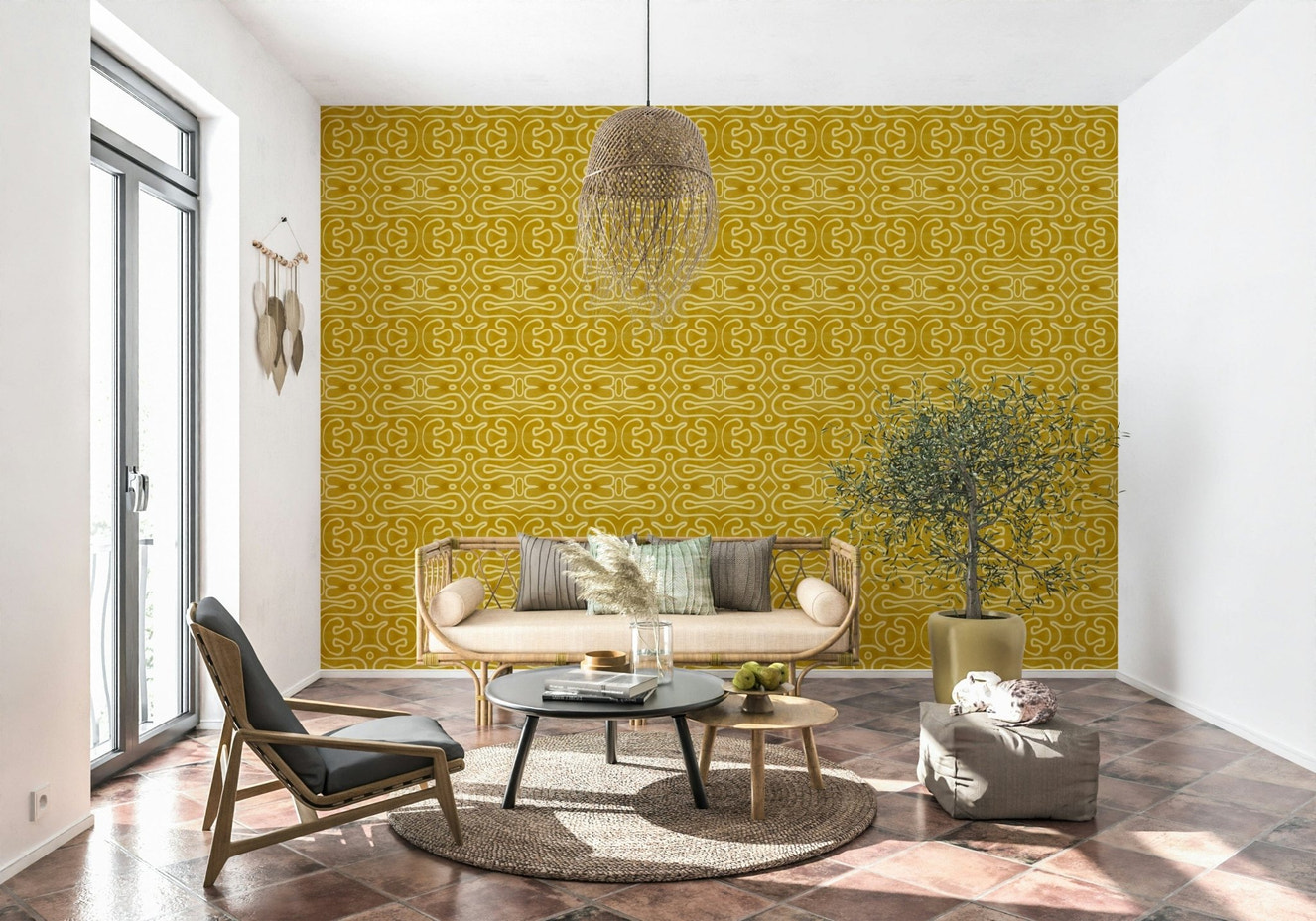 Earthy ochre curved lines Amber Trails wallpaper mural.