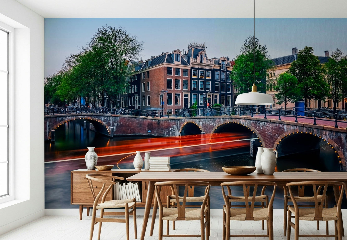 Nighttime Amsterdam street lights mural as city wallpaper décor