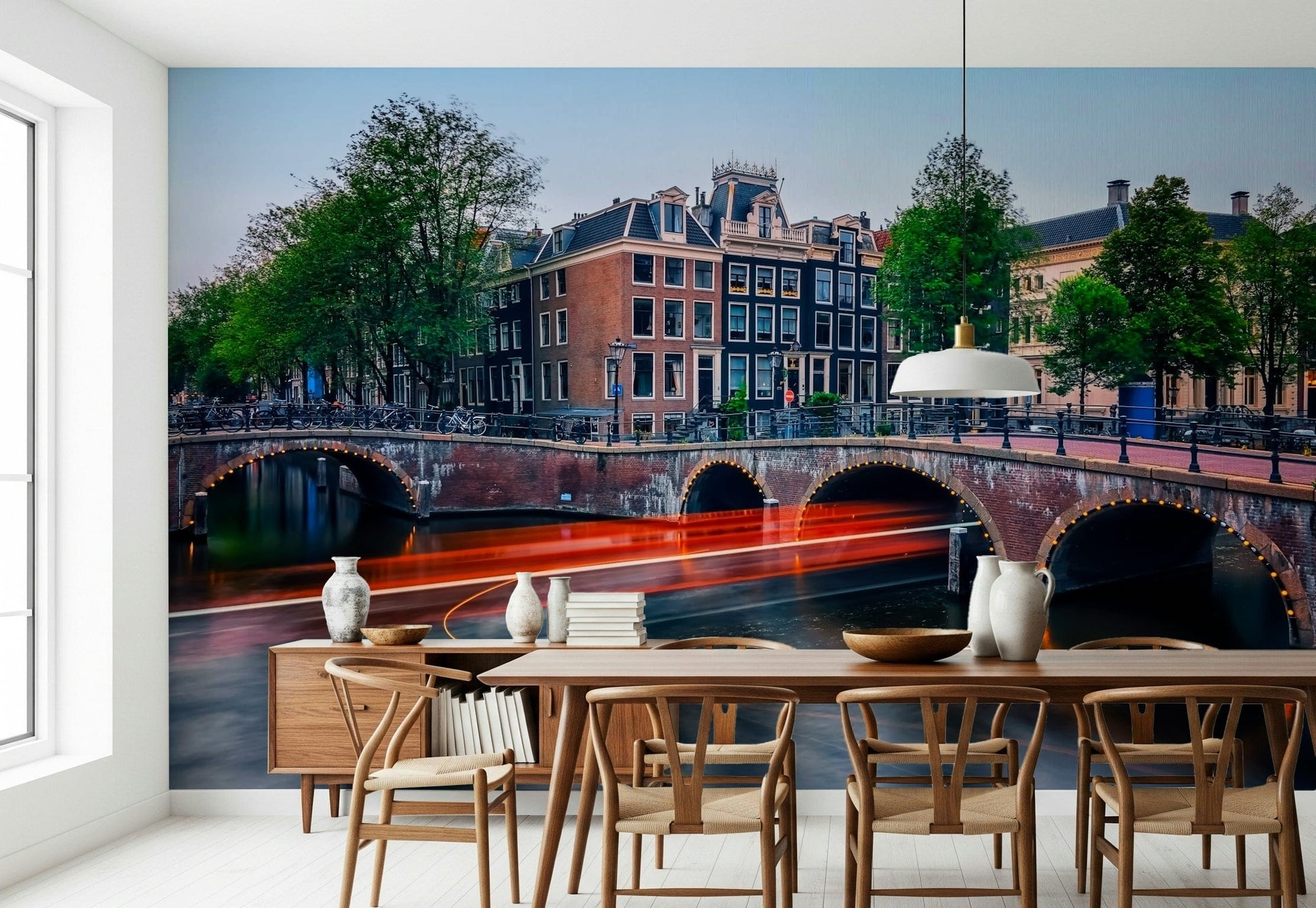 Nighttime Amsterdam street lights mural as city wallpaper décor