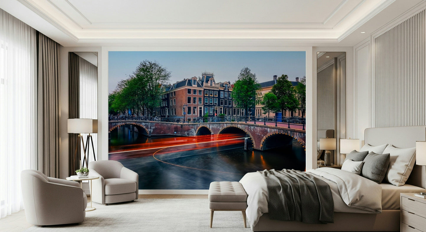 Urban Amsterdam lights mural for modern city wallpaper interiors