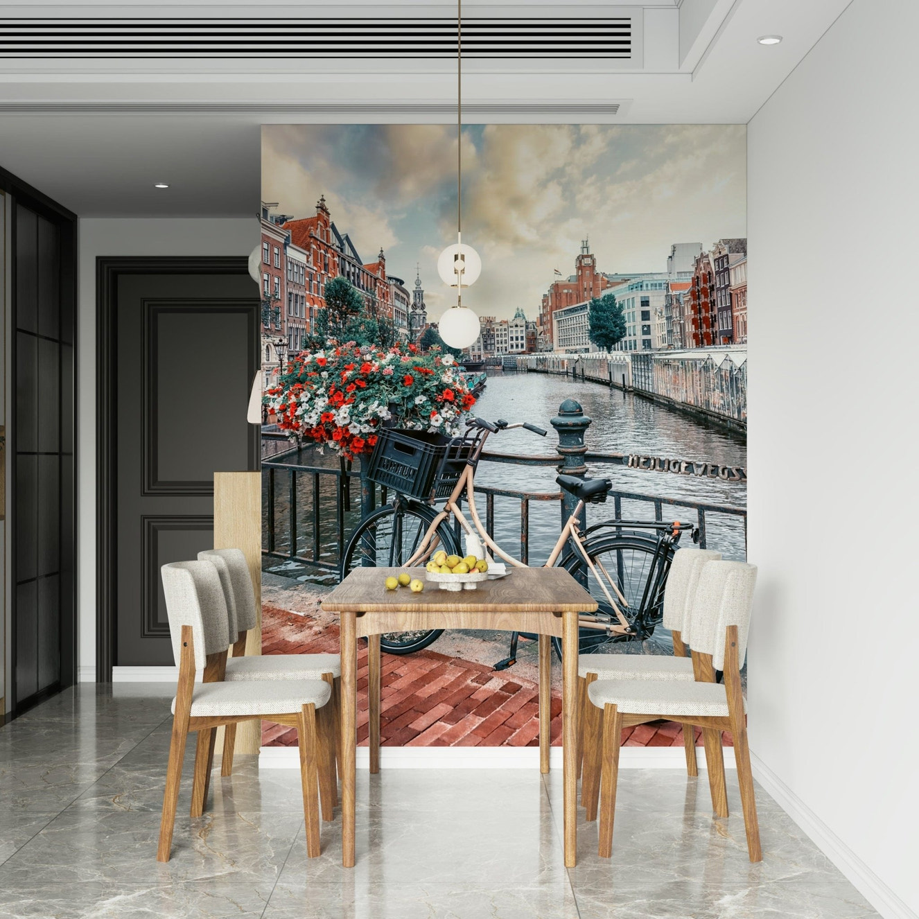 Amsterdam Canal Ride bicycle resting by urban water mural.