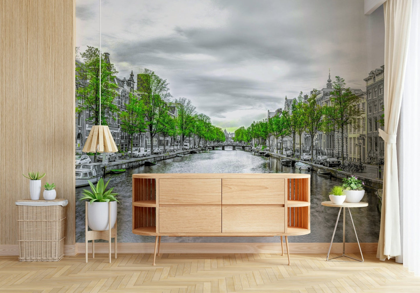 Amsterdam Canal Serenity wallpaper mural of a tree-lined canal behind a light wood sideboard and potted plants in an entryway