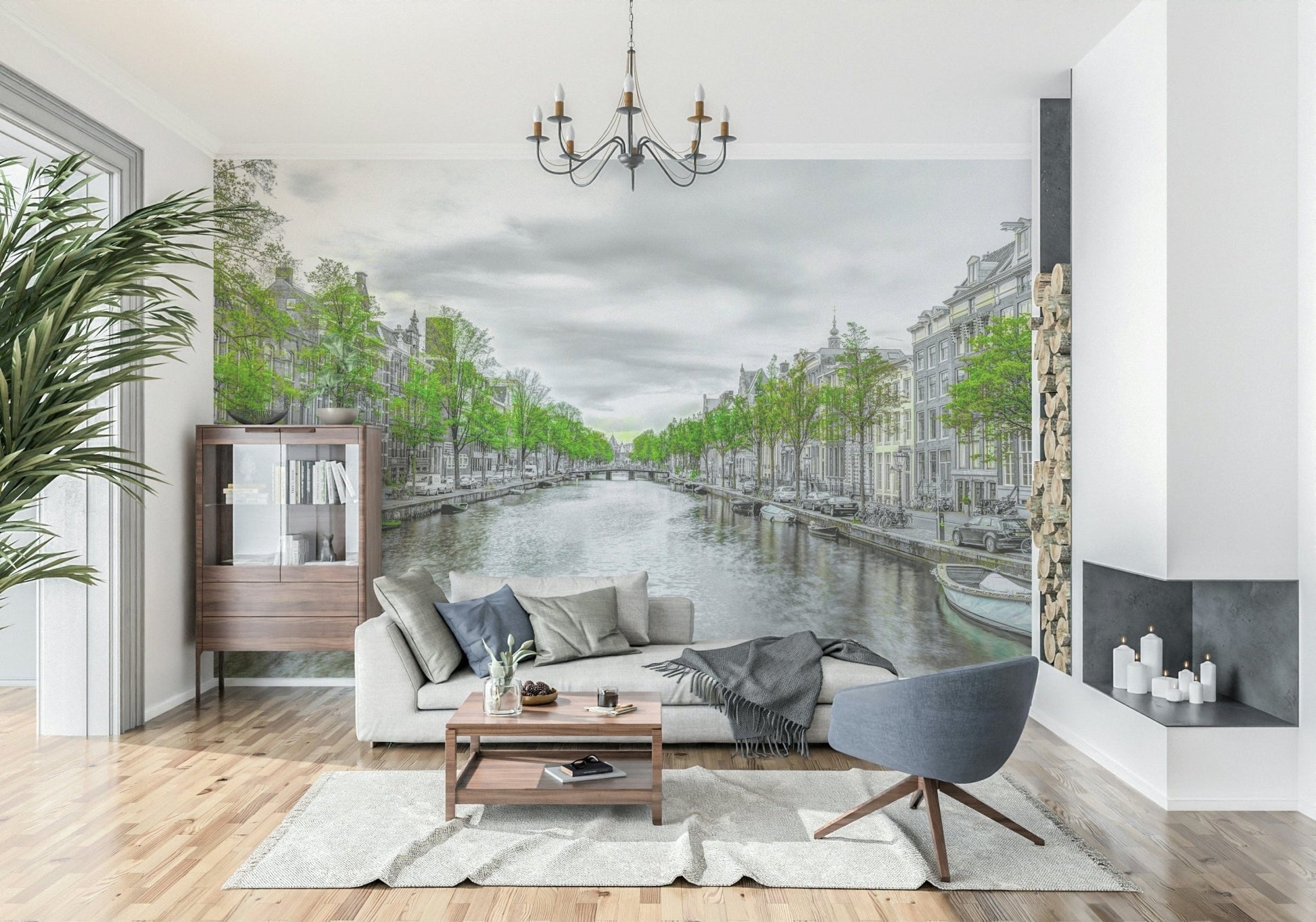 Amsterdam Canal Serenity wallpaper mural of a gray canal scene behind a beige sofa and wood cabinet in a living room