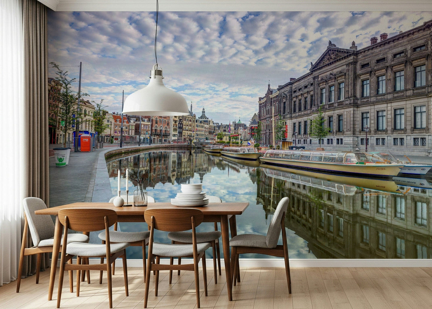 Minimal watercolor Amsterdam canal mural for nursery wall, gentle tones and detail