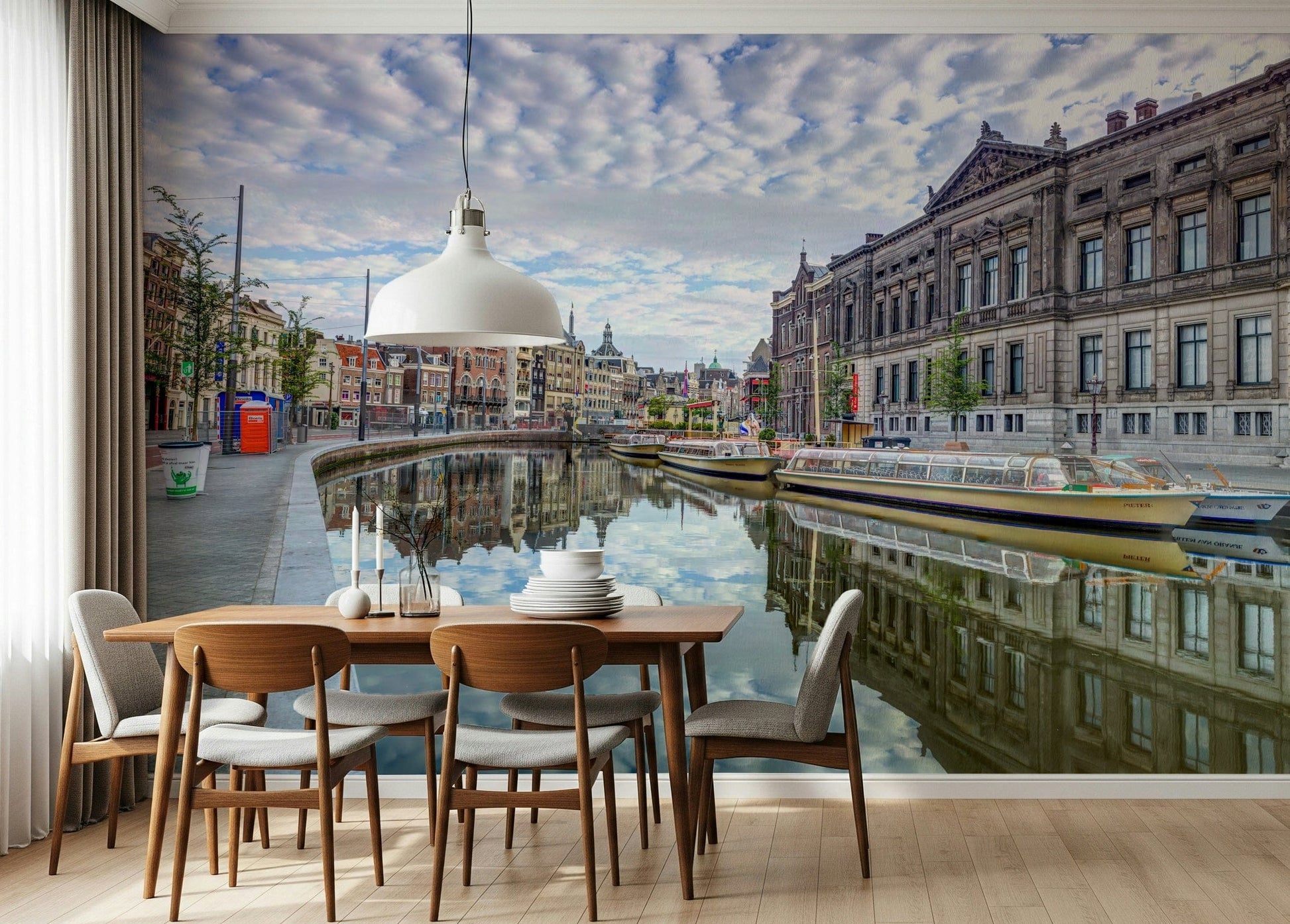 Minimal watercolor Amsterdam canal mural for nursery wall, gentle tones and detail