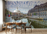 Minimal watercolor Amsterdam canal mural for nursery wall, gentle tones and detail