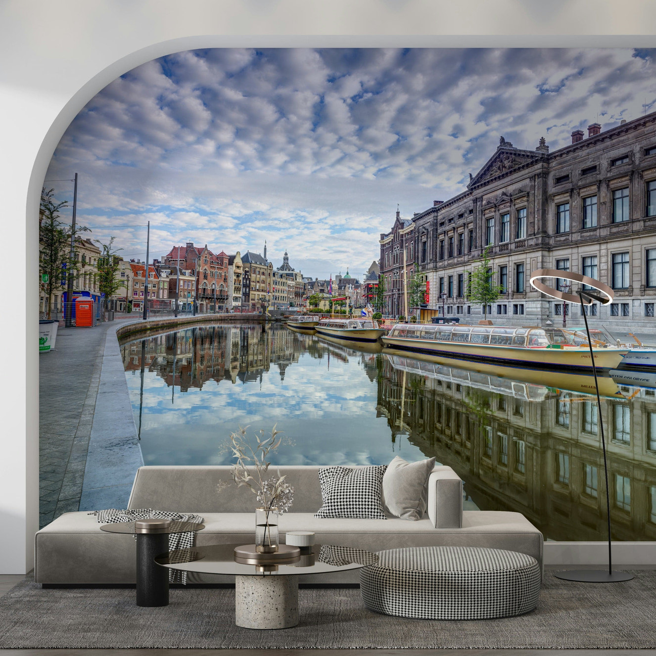 Watercolor Amsterdam canal mural in modern living room, soft blue and beige tones