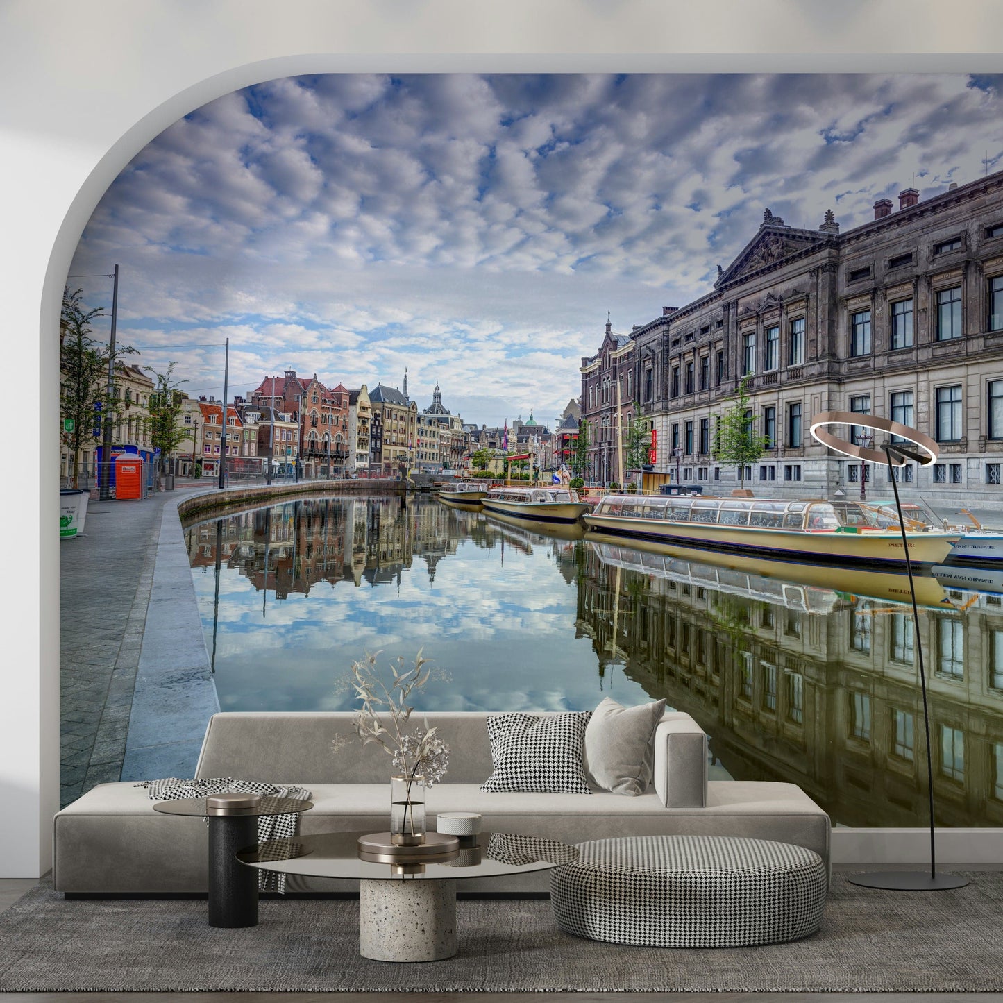 Watercolor Amsterdam canal mural in modern living room, soft blue and beige tones