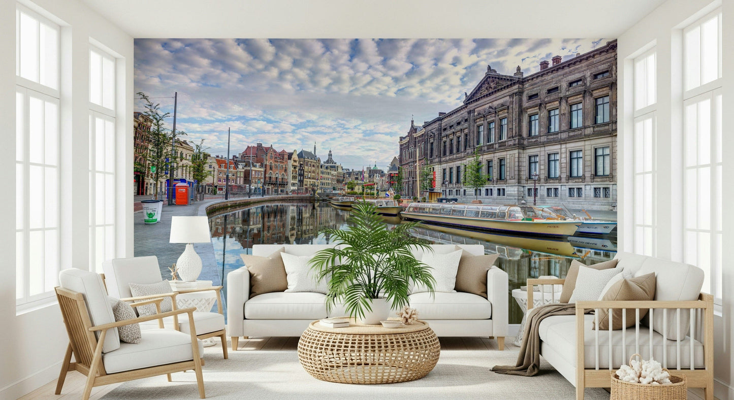 Pastel canal houses wallpaper mural for bedroom feature wall, watercolor city style