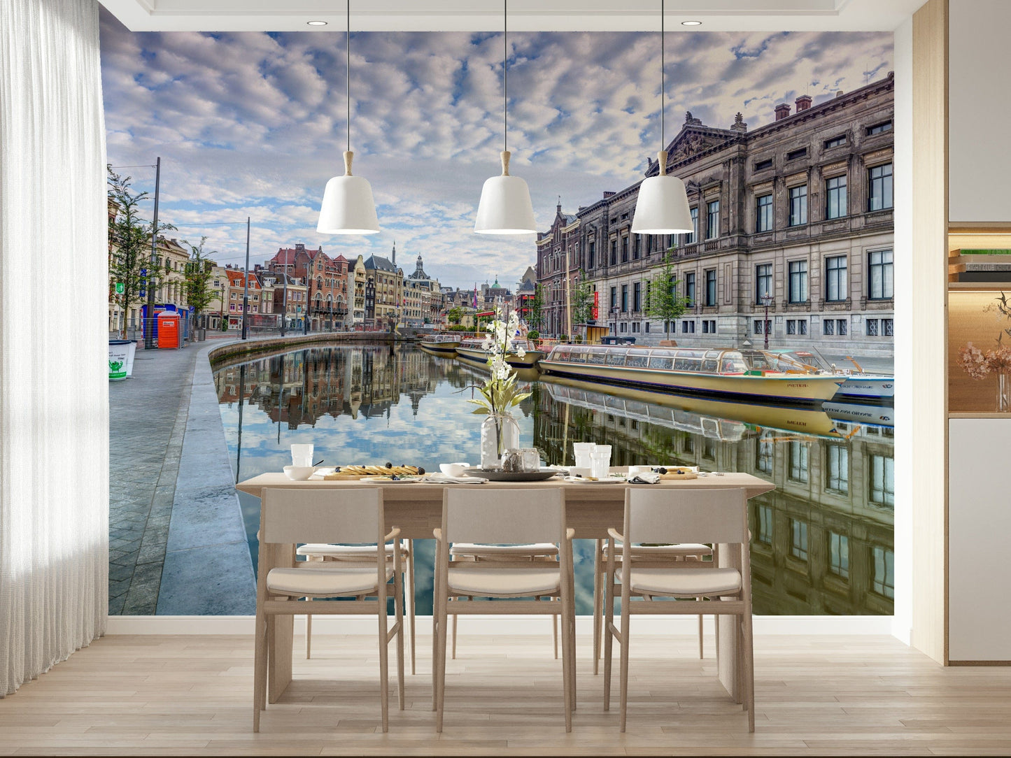 Amsterdam canal scene watercolor mural in reading nook, soft blue-grey styling