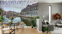 Amsterdam watercolor travel mural in lounge, modern wall decor with pastel hues