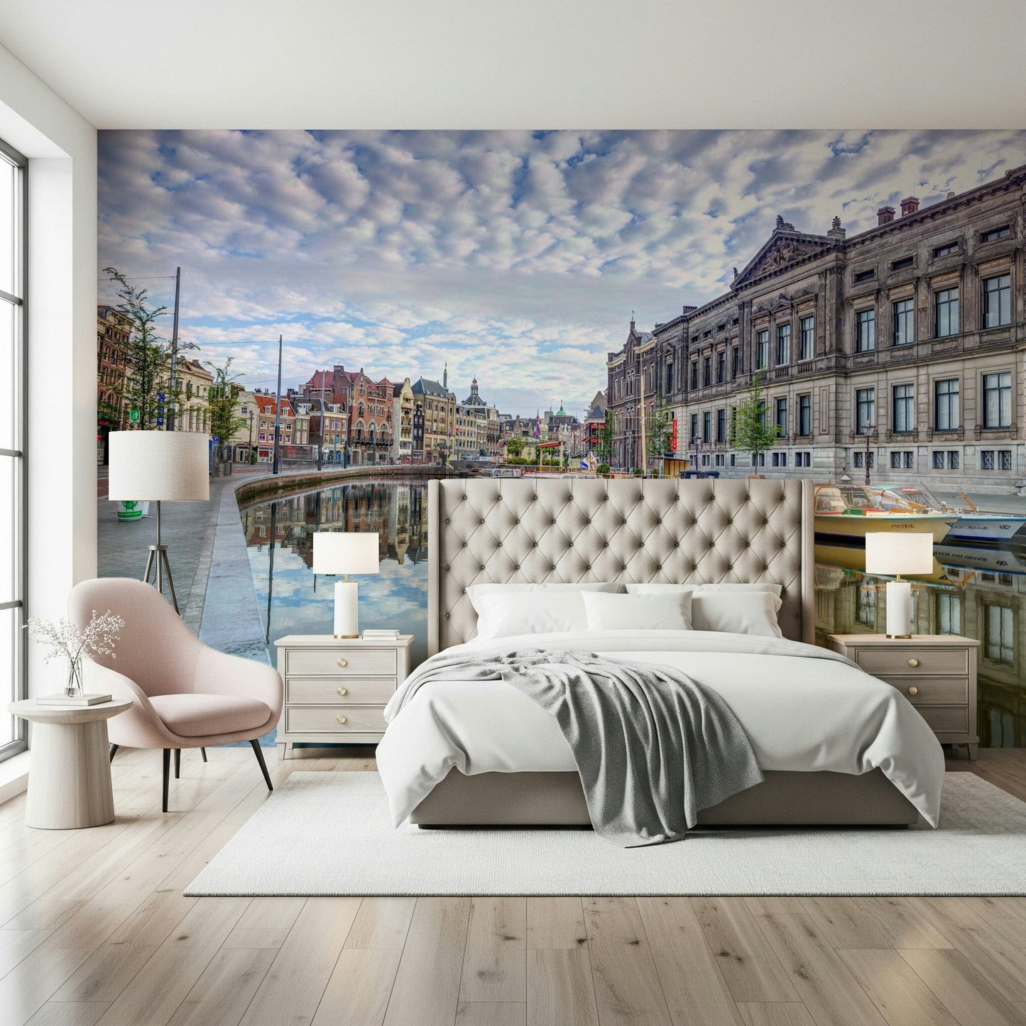 Watercolor Amsterdam bridge mural for dining room wall, light neutrals and blues