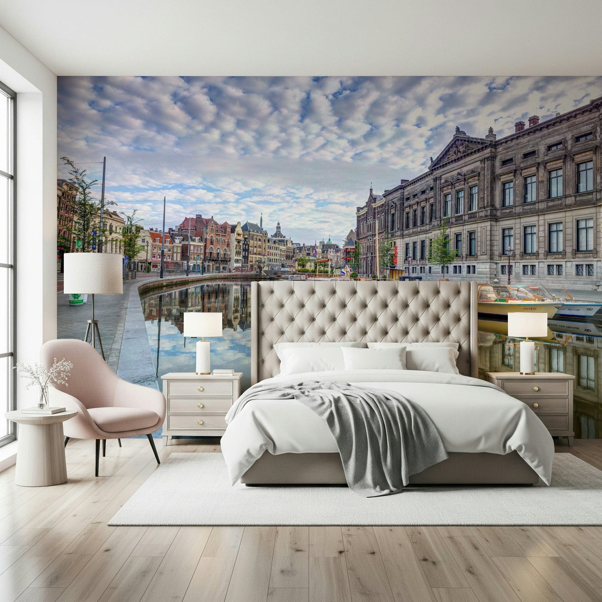 Watercolor Amsterdam bridge mural for dining room wall, light neutrals and blues