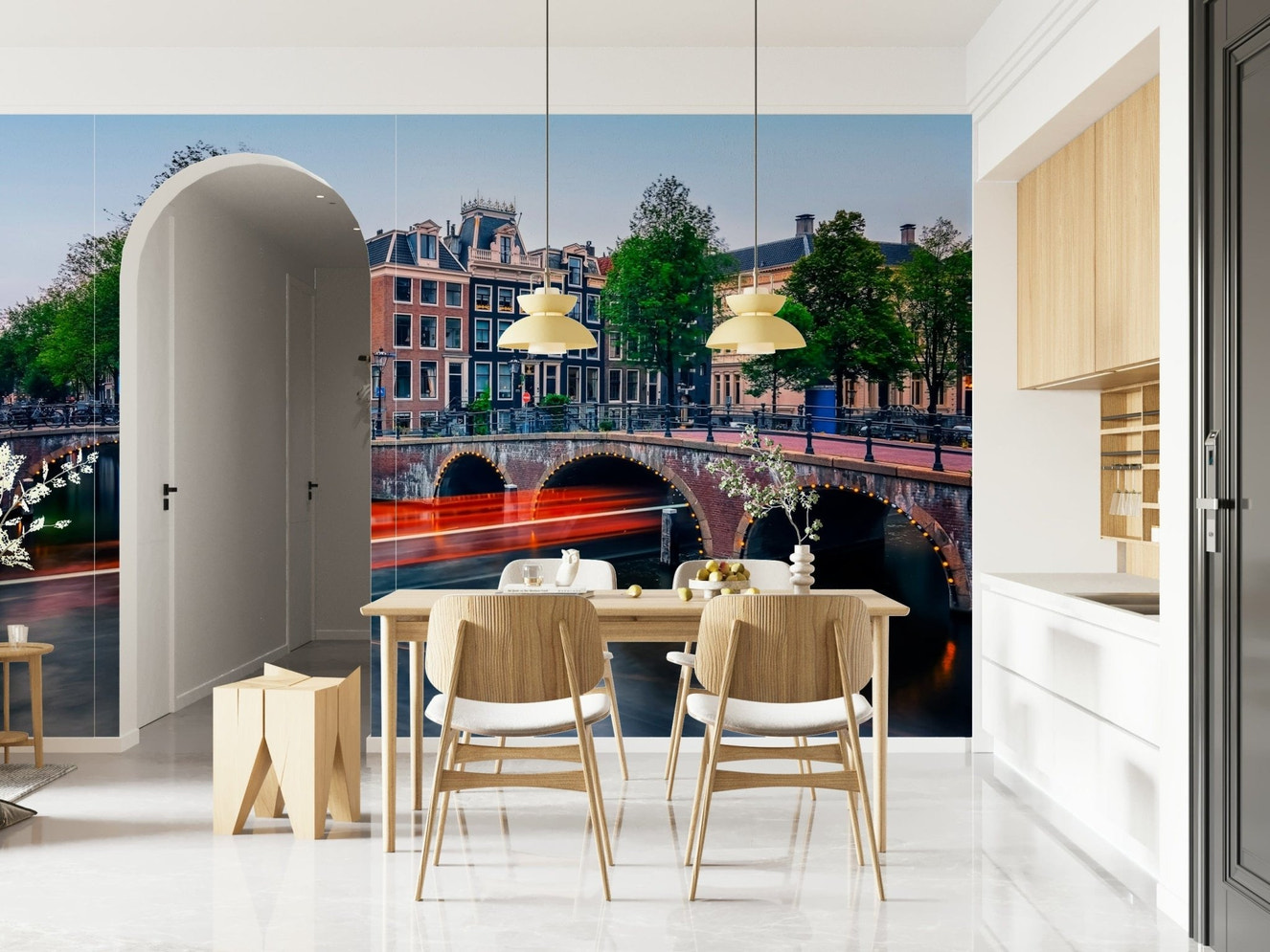 Amsterdam lights wall mural showing night reflections as city wallpaper