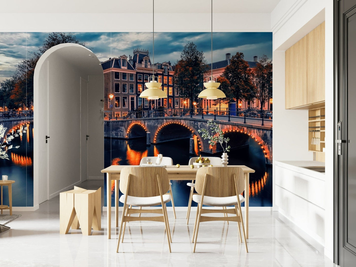 Dark blue skies over Amsterdam Nights wallpaper design.