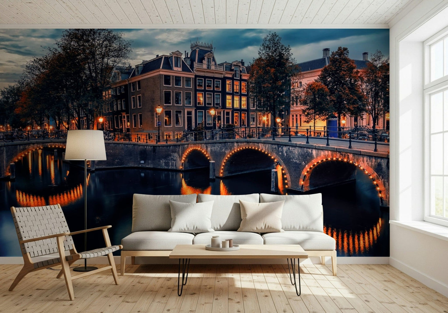 Traditional brick bridges meet Amsterdam Nights wallpaper style.
