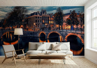 Traditional brick bridges meet Amsterdam Nights wallpaper style.