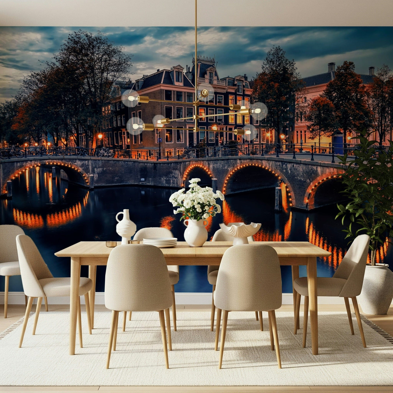 Amsterdam Nights mural featuring glowing arched bridge reflections.