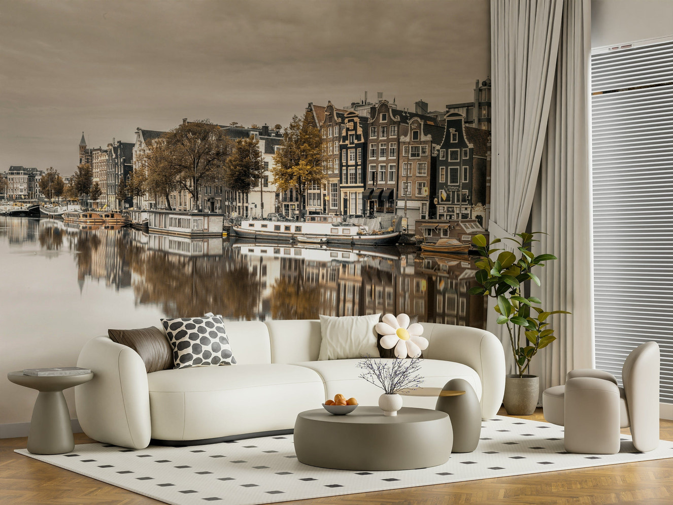 Amsterdam canal reflection mural on bedroom feature wall, calm modern decor